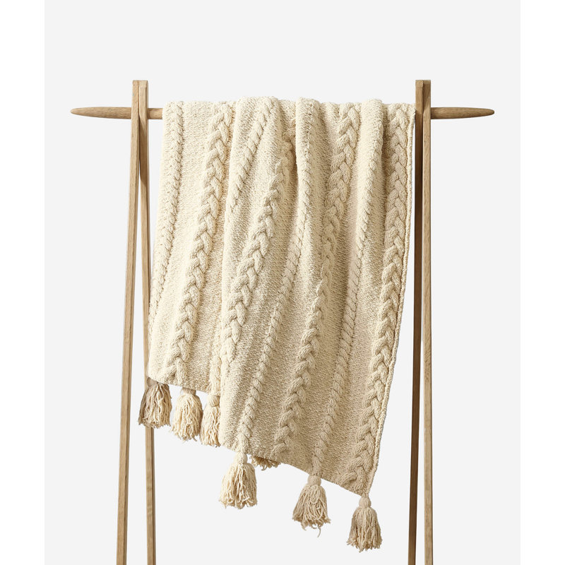 Braided Pom Throw Blanket, Sahara Tan