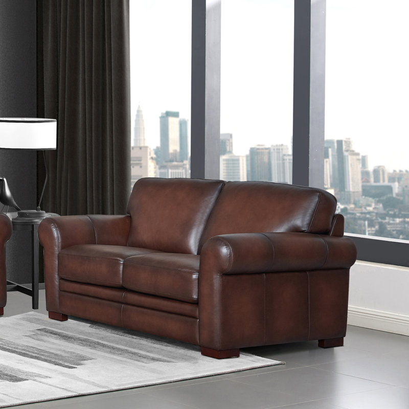 70'' Caramel Brown Leather Loveseat with Rolled Arms