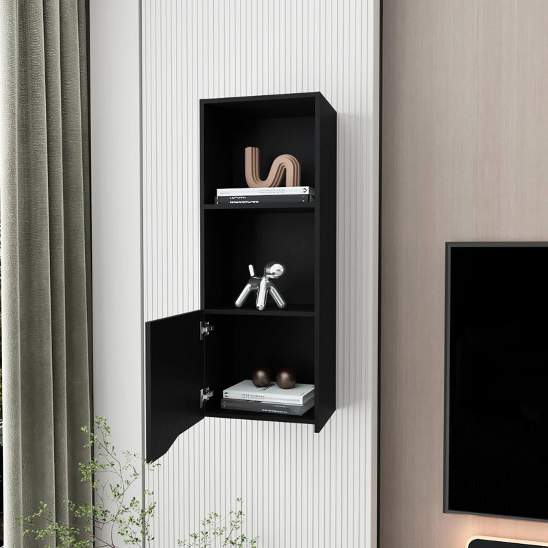 One Door Black Wall Mounted Cabinet - Decorative Storage Stylish Unit, Black