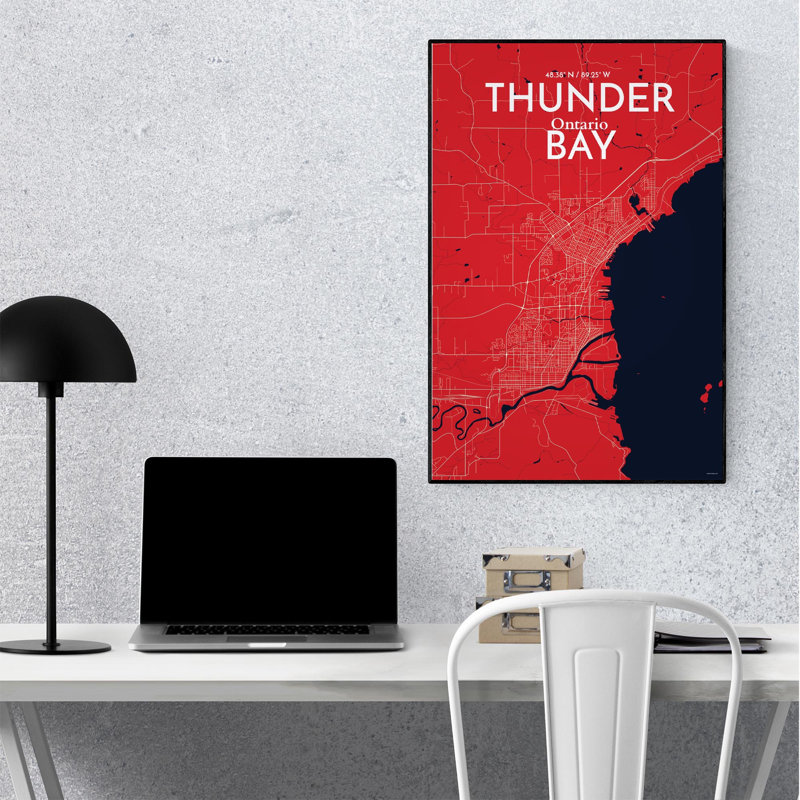 Thunder Bay City Map, impression, Rouge / Bleu marine, H 36 po x l 24 po