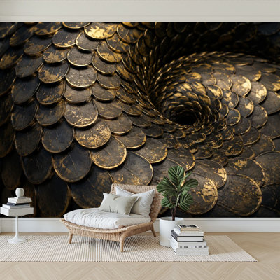 Wall Mural Peel and Stick Wallpaper Black Gold Dragon Scale Metallic Shimmer Self-Adhesive Removable Contact Paper Wall Decor for Living Room Bedroom 100"H x 144"W
