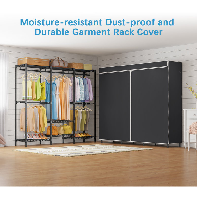 Black Metal Garment Rack with Adjustable Shelves and Cover