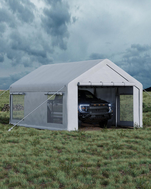 10x20 ft Portable Garage Car Port, 200g PE Canopy Shelter with 2 Roll-Up Doors & 4 Windows, Heavy Duty Metal Frame for Vehicles, Storage, Events