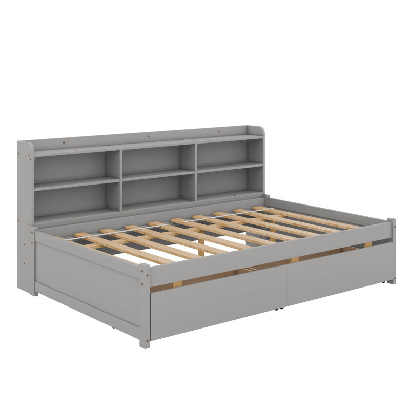 Bed With Side Bookcase And Drawers, Full, Gray