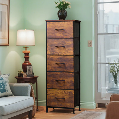 Ojaswi 5-Drawer Vertical Dresser with Wood Top for Bedroom, Chest of Drawers with Strudy Steel Frame for Small Space, Storage Tower for Closet, Hallway