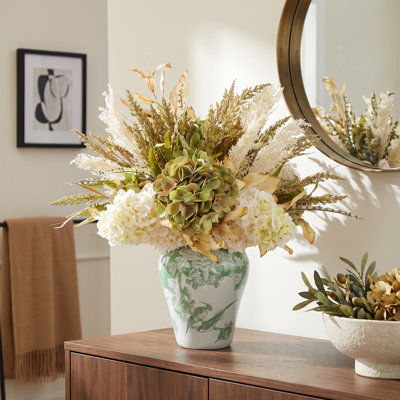Fall Hydrangea, Heather and Pampas Arrangement in Decorative Ceramic Vase