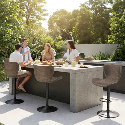 Set Of 4 Outdoor Bar Stools With Backrest, All-Weather Teslin Adjustable Height Swivel Counter Chairs, Matte Black Base, Waterproof Cover Included For Patio, Poolside & Garden