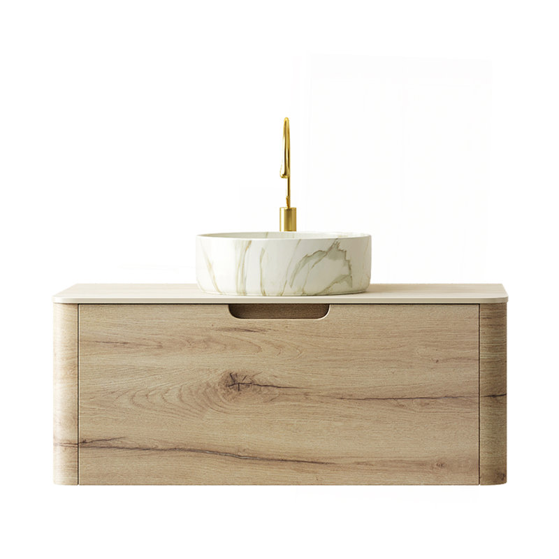 Meuble-lavabo de 36 po avec lavabo, armoire de rangement flottante en contreplaqué avec tiroir, lavabo en céramique à motif de pierre et plateau en pierre frittée à motif de travertin, pré-assemblé, couleur grain de bois de chêne blanc