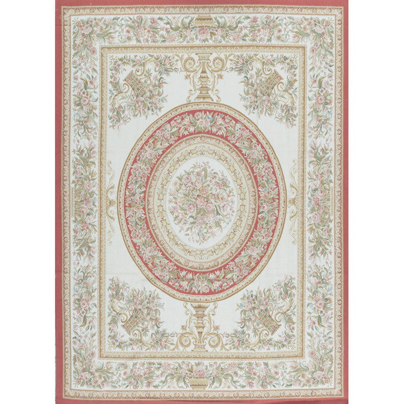 Tapis ivoire et rose noué à la main de haute qualité