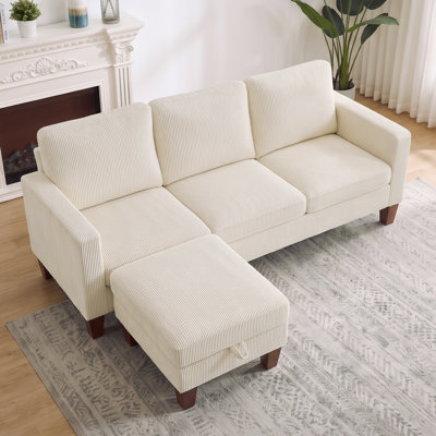 Canapé d'angle 3 places en velours côtelé de 200 cm avec pouf de rangement, canapé profond pour salon