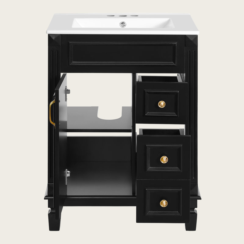 Meuble-lavabo moderne 24 po avec lavabo en céramique, 2 tiroirs, tablette réglable, Black, Doré