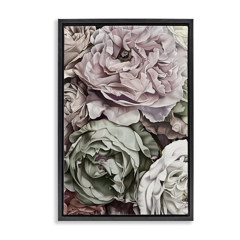 Detailed Stacked Roses Grey Framed Floater Canvas Wall Art, design by Annabelle Hall, 25" H x 17" W, Jet Black Floater Frame