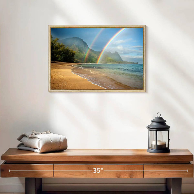 Kauai Double Rainbow, 19" X 13", Floating Frame Natural Wood