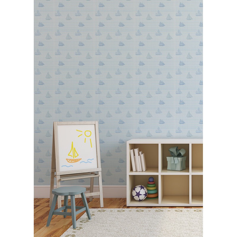 Kids Sailboats 10' L x 24" W Peel and Stick Wallpaper Tile, Blue, Peel & Stick, Self-adhesive