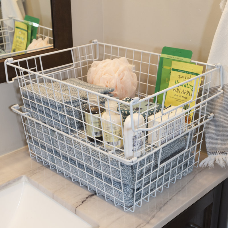 Stackable Metal Storage Baskets, White, 5.5" H x 12" W x 16" D