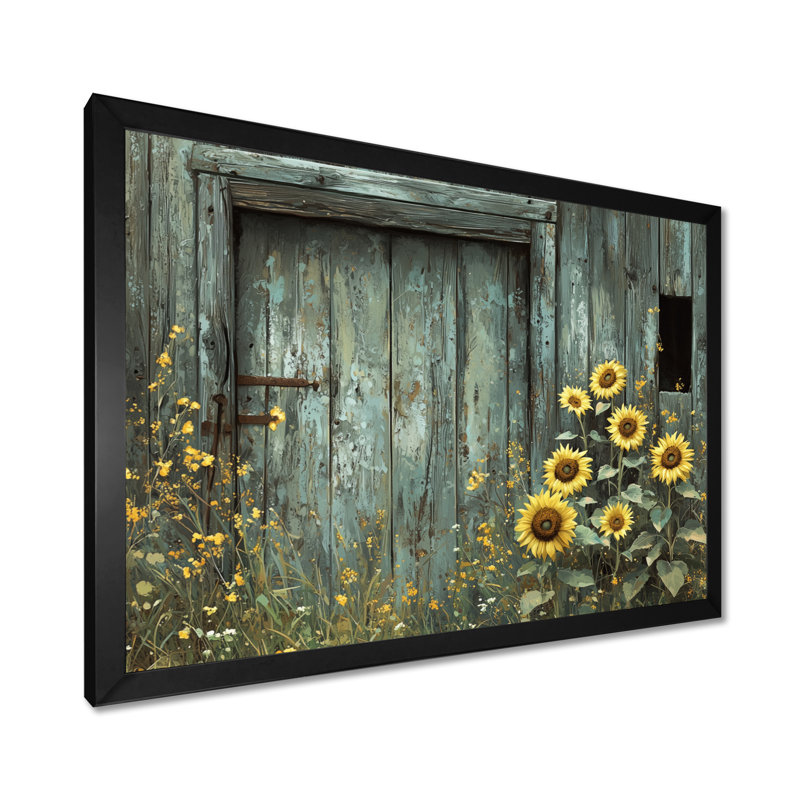 «Dumaka Sunflowers By The Barn Door II» - Art mural tournesols, Reproduction encadrée d'une seule photo, H 12 po x l 20 po