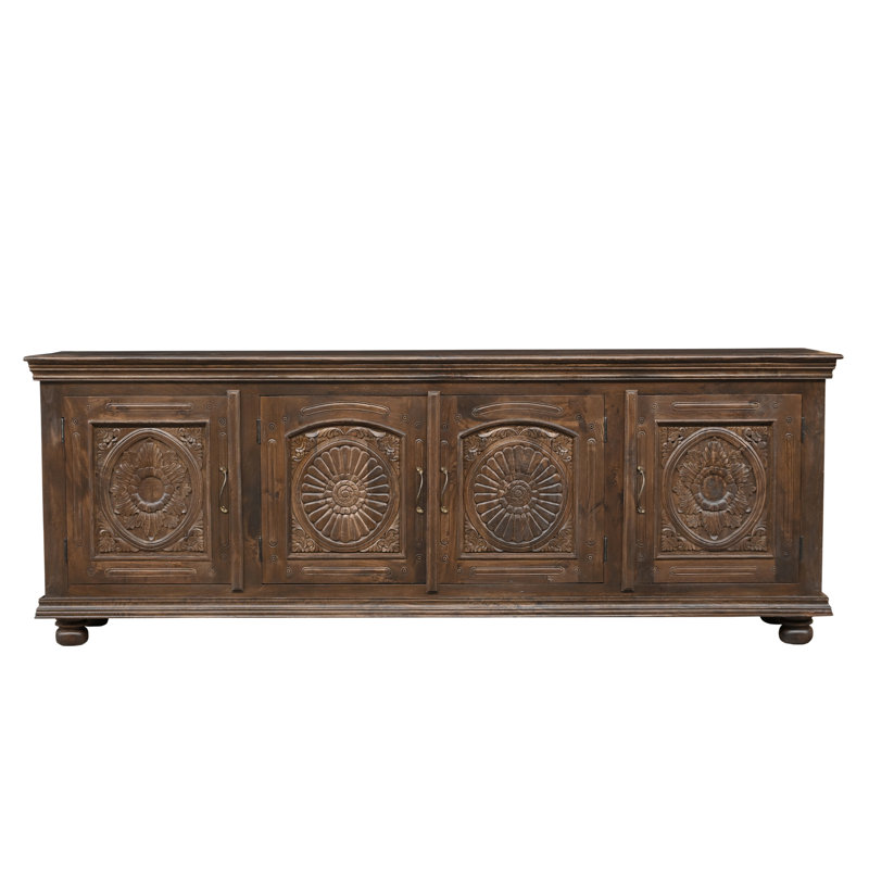 Buffet en bois de manguier massif sculpté à la main avec portes florales, L 102 po, Brun grillé