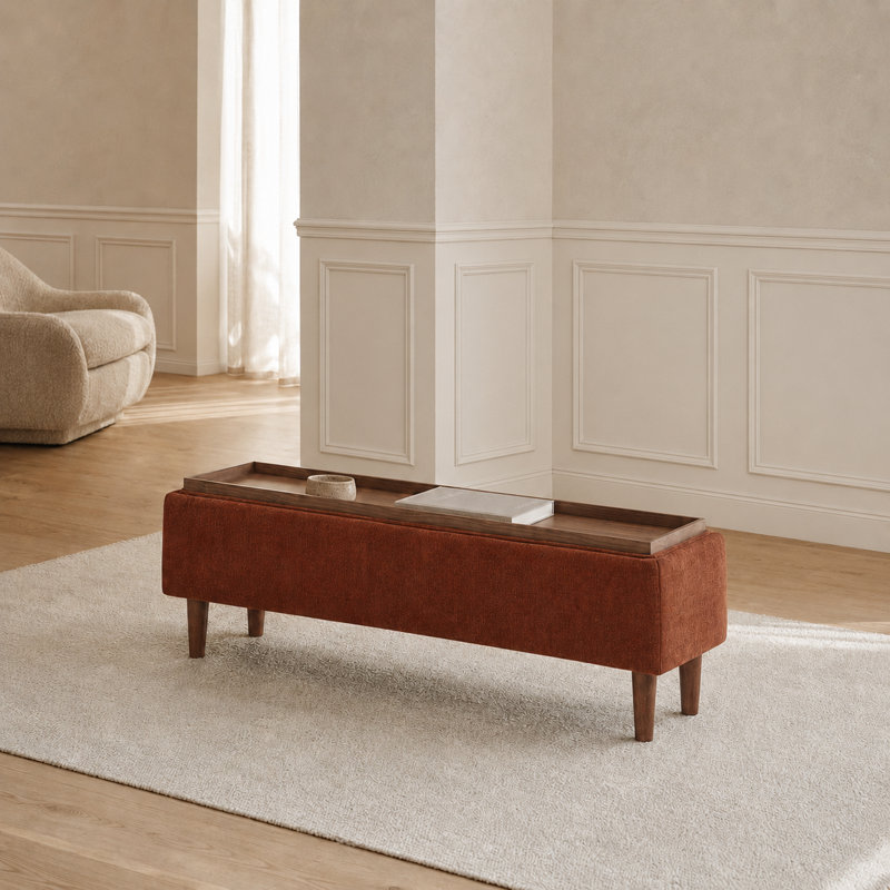 Repose-pieds de rangement rectangulaire de 50 po de large Rama, Chenille nid d'abeille caramel