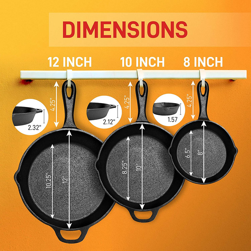 NutriChef Cast Iron Non-Stick 3 Piece Skillet Set