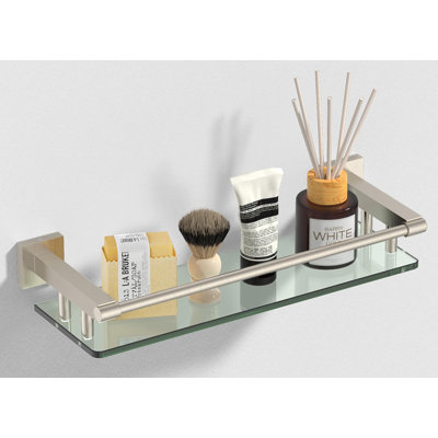 Glass Shelf/Shelves 16IN For Bathroom Nickel Rectangular Stainless Steel Tempered Glass Modern Wall Mount Shelf Sink Over Toilet Bathroom Organizer (Brushed Nickel, 16‘’)