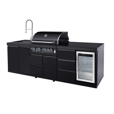 Black Outdoor Kitchen Grill With 59500 , Double - Door Sink, Three Tier Refrigerator, 484.5 Sq.In Cooking Area, Electronic Ignition And Warming Rack 4 Burner Gas Grill, Drawer 360 Pull Out Stainless