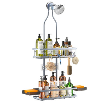 Caddy Hanging Over Shower Head, Adjustable, Grey,fits tall bottles up to 18 inches;includes 2 soap trays