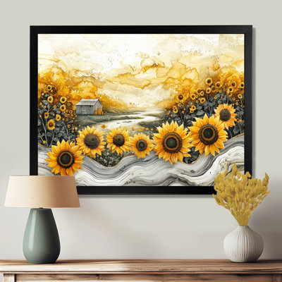 Paysage de tournesols sur un sommet d'une rivière en cristal - Art mural tournesols