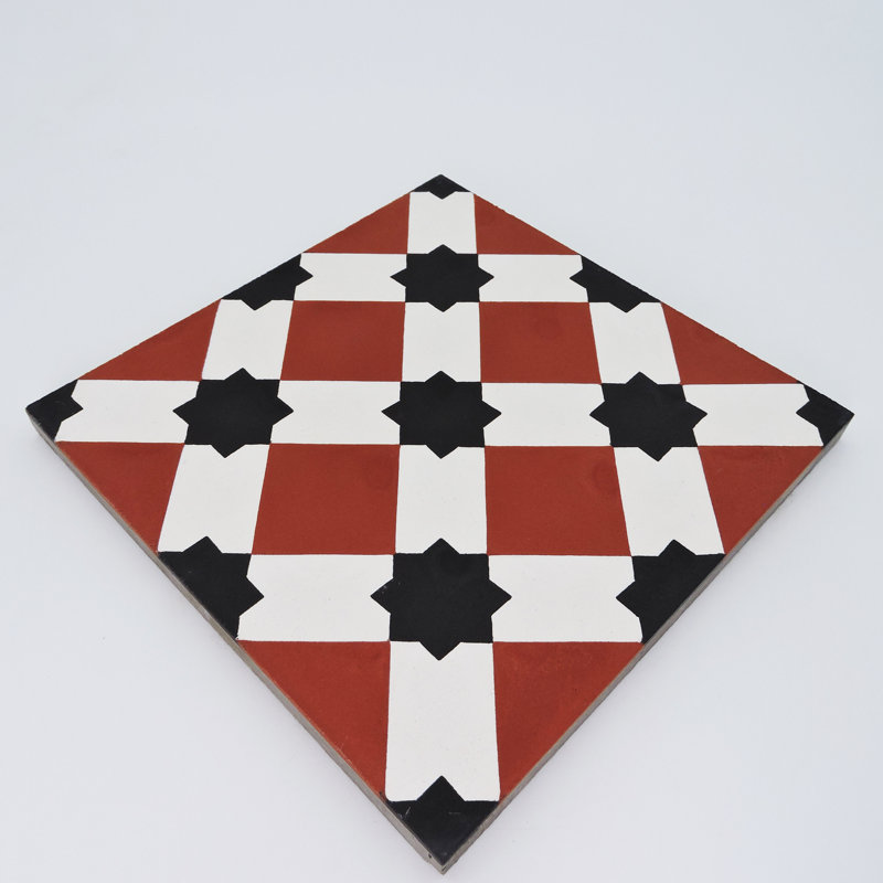 Ait Baha 8" x 8" Cement Patterned Wall & Floor Tile, Red/Black
