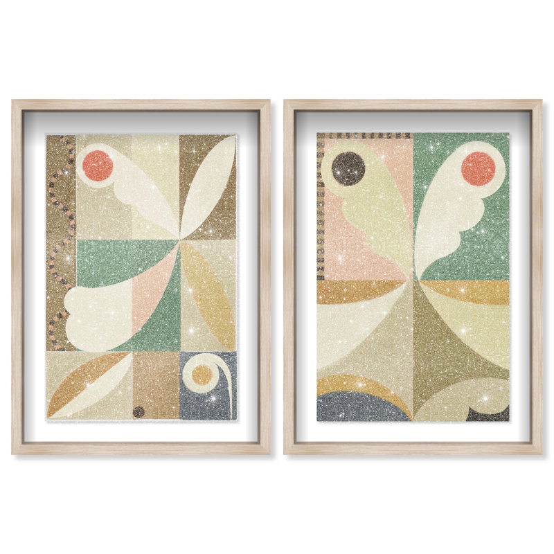 Butterfly Deco Set Shadowbox Abstract Print by Oliver Gal, Black Frame, 10 x 15, 50"H x 34"W, Natural Oak Shadowbox