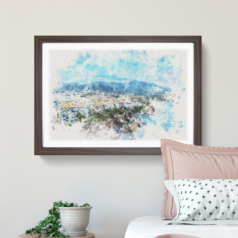 Skyline of Nerja in Spain - Picture Frame Painting Print, 62cm H x 87cm W x 2cm D, Walnut Framed