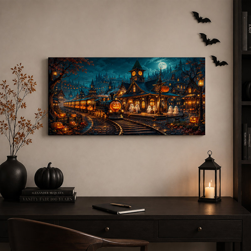 Train à vapeur à tête de citrouille et fantômes pour une décoration murale d'Halloween effrayante sur toile