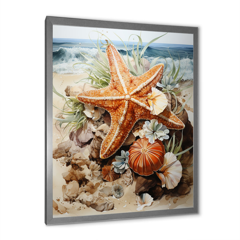 Étoile de mer tropicale, plage, sérénade 2 - art mural tropical côtier, Cadre simple argenté, H 44 po x l 34 po x P 1,5 po