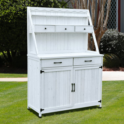 White Farmhouse Outdoor Potting Bench, Solid Fir Wood Gardening Table With Adjustable Shelves & Built-In Drawers, Weatherproof Workstation For Garden, Patio