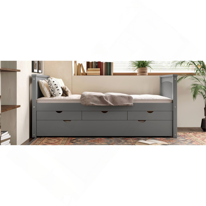 Lit plateforme en bois massif avec lit gigogne et tiroirs, Gris
