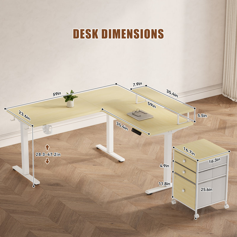 Bureau debout électrique en L à hauteur ajustable 59 po x 59 po avec rehausse, Beige / Blanc