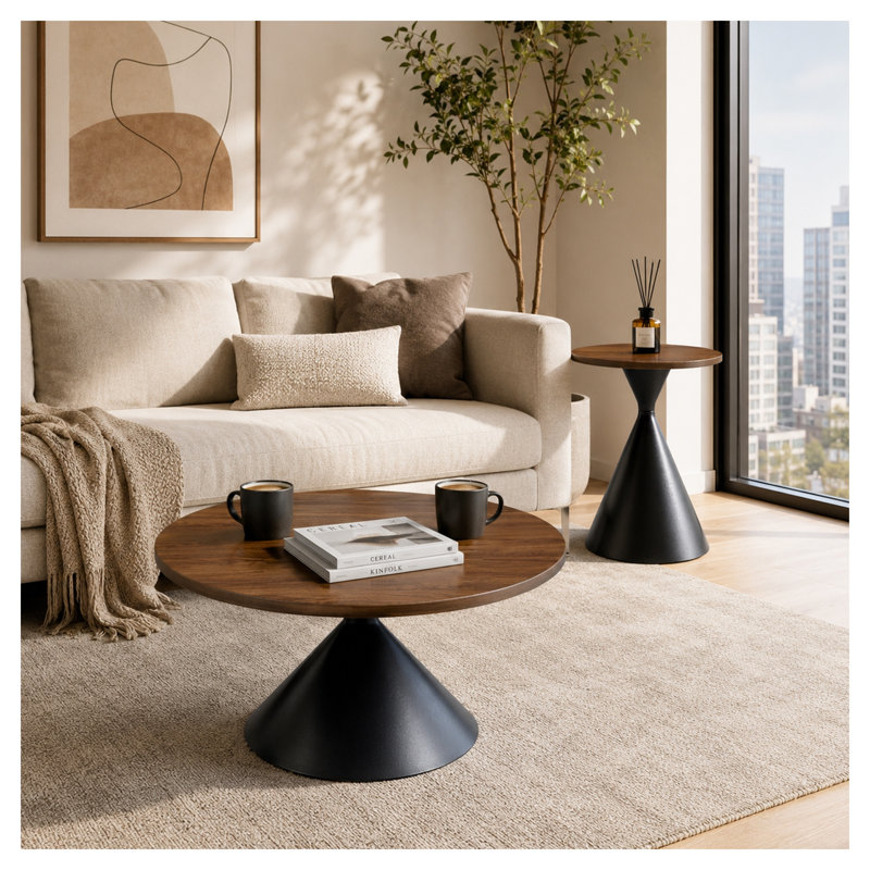 Black and Walnut Nesting Round Coffee Table Set with Hourglass Base