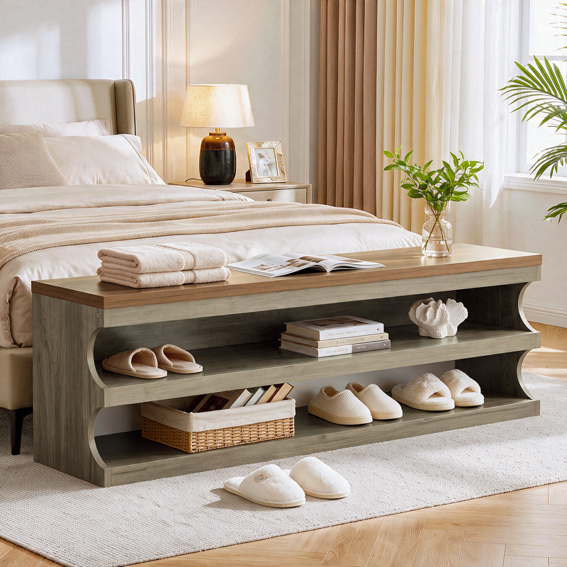 Upholstered Bench with Shelves