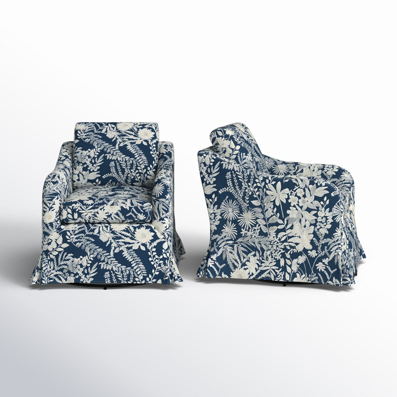Asman Farmhouse Upholstered Slipcovered Swivel Armchair, Navy Polyester Blend