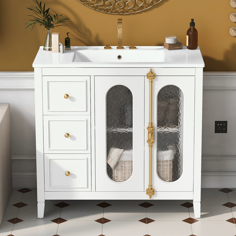 Meuble-lavabo de salle de bain avec 2 portes à fermeture douce et 3 tiroirs, Blanc