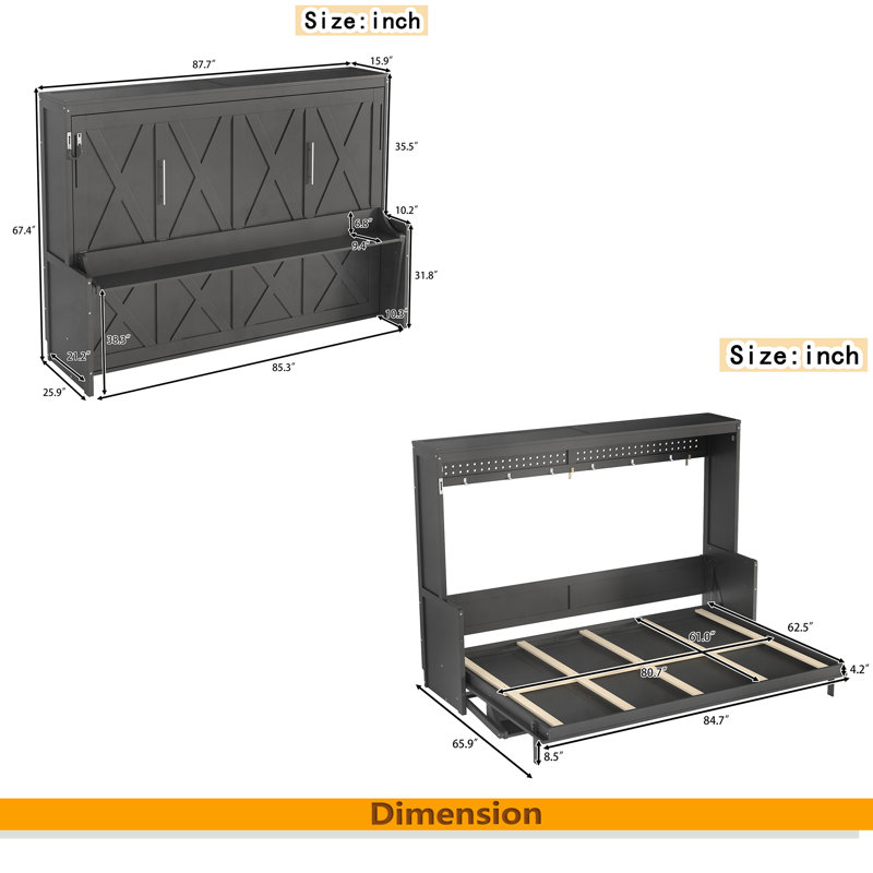Lit escamotable avec bureau, station de charge USB, lumières DEL, Grand lit, Gris foncé