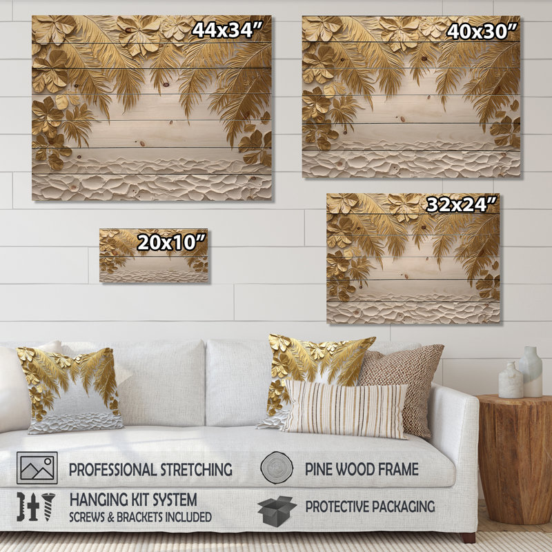 Golden Cream Palms Reunion IV - Palms & Palm Trees Wood Print - On Natural Pine Wood, 10" H x 20" W x 0.78" D
