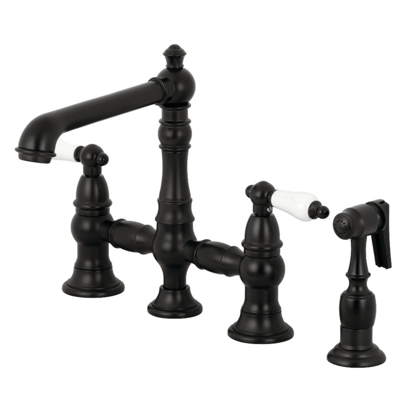Kingston Brass English Country Two-Handle 4-Hole Deck Mount Bridge Kitchen Faucet with Brass Side Sprayer, Matte Black