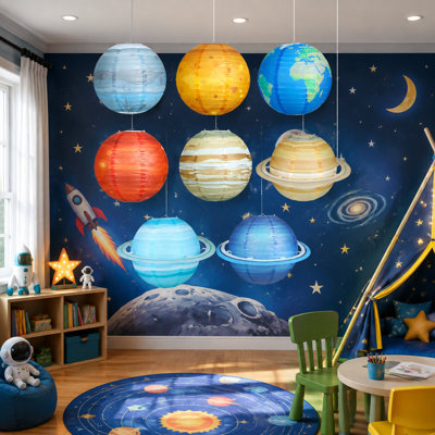 8-Piece Set of 12-Inch Planet Paper Lanterns for Outer-Space, Solar-System, Kids' Space-Themed Parties, Birthdays, and Room Decor