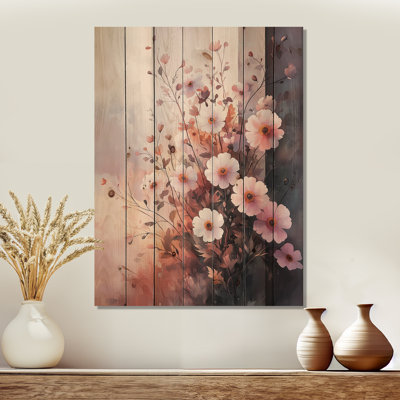 Rose et blanc souci Marigold Glow II - décoration murale en bois souci - sur bois de pin naturel