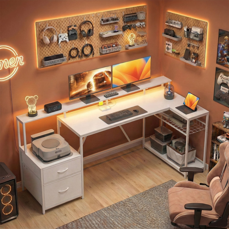 Bureau de jeu 76 po réversible avec lumières RVB et ports USB, brun rustique, Brun / Noir