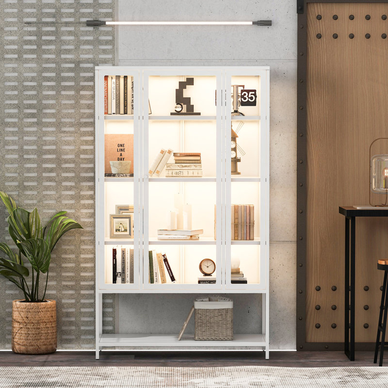 Display Cabinet with Glass Door and LED Lights, White