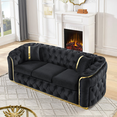 90.6 Inches Luxury Velvet Couch, 3 Seater With 2 Pillows, Button Gold Stainless Steel Accents For Living Room Accents, Pillows