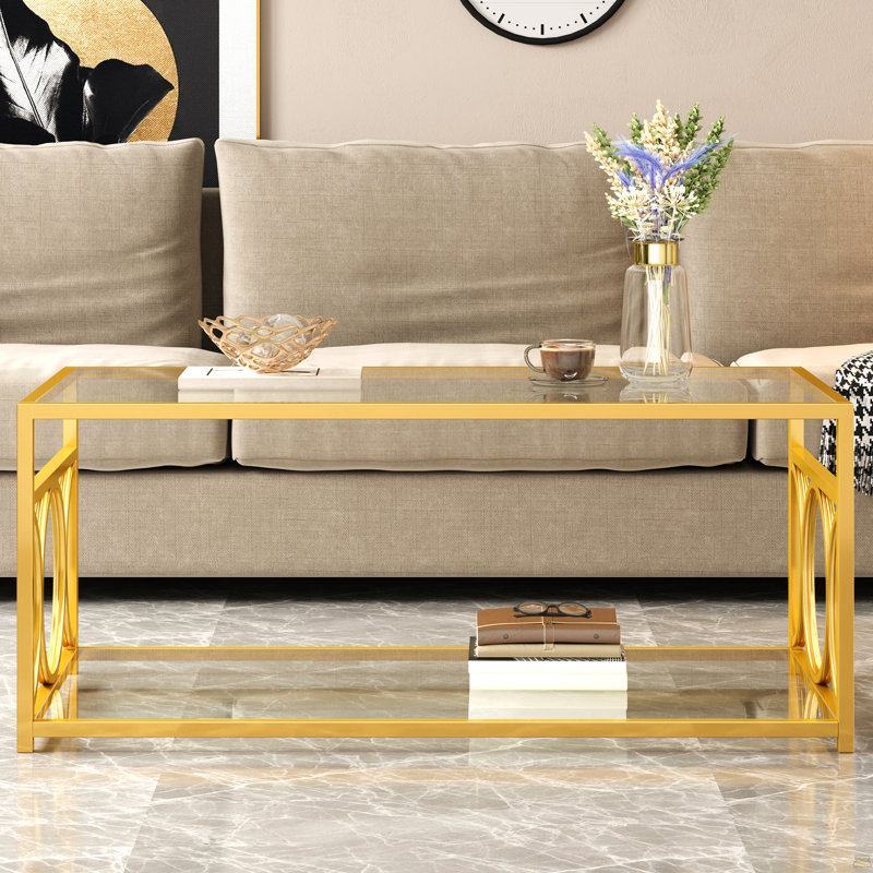 Table basse en verre de luxe moderne avec structure en métal doré, table basse rectangulaire avec tablette de rangement inférieure, table de centre Art déco pour le salon