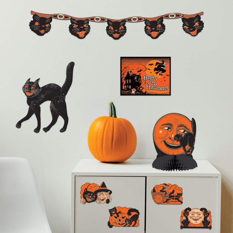 Déco d'Halloween rétro Beistle - ensemble de 8 pièces de décoration d'Halloween rétro avec centre de table articulé pour chat, chat et lune, découpes, banderole de chat et signe Happy Halloween