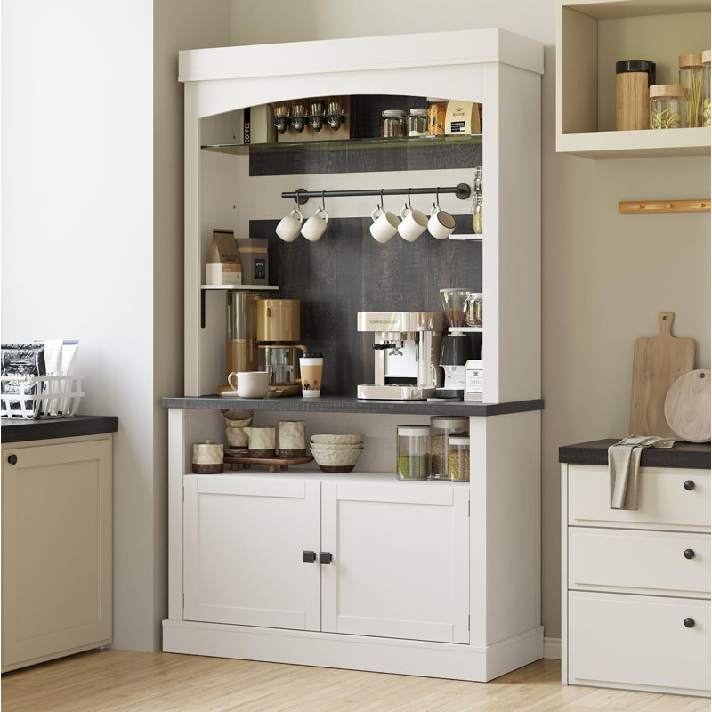 Coffee Bar Cabinet With LED Lights 72" Tall Buffet Cabinet With Storage, White